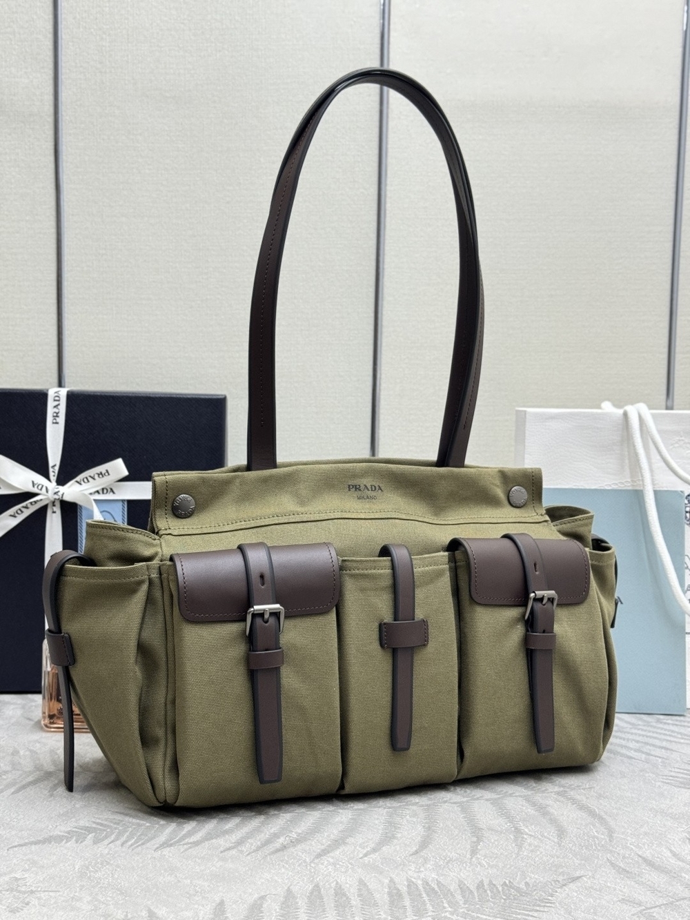 Prada Olive Canvas Shoulder Tote with Brown Leather Trim